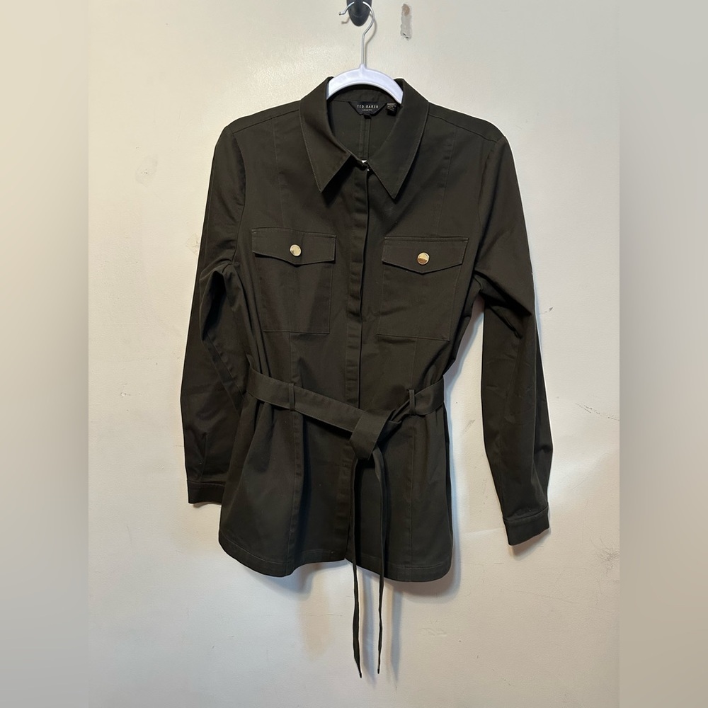 Ted Baker Ailiia Tie Waist Utility Shirt Olive Green Size 4 Army Preppy‎ Belted - Picture 2 of 6